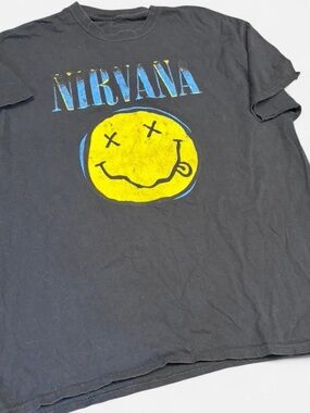 NIRVANA Black Tee with Yellow Smiley and Blue Logo